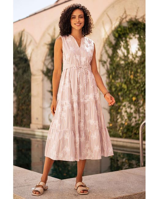 Yumi' Pink Stripe With Embroidered Flower Cotton Dress