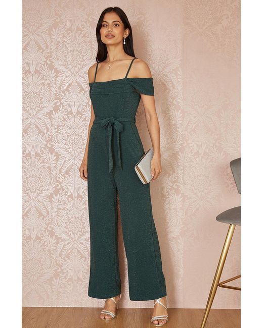 Yumi' Green Sparkle Stretch Bardot Jumpsuit