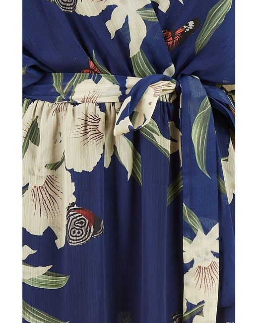 Yumi' Blue Floral Kimono Sleeves Dip Hem Wrap Midi Dress