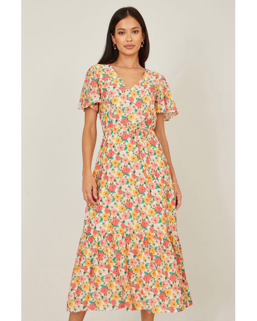 Yumi' Natural Multicolour Midi Tea Dress With Angel Sleeves