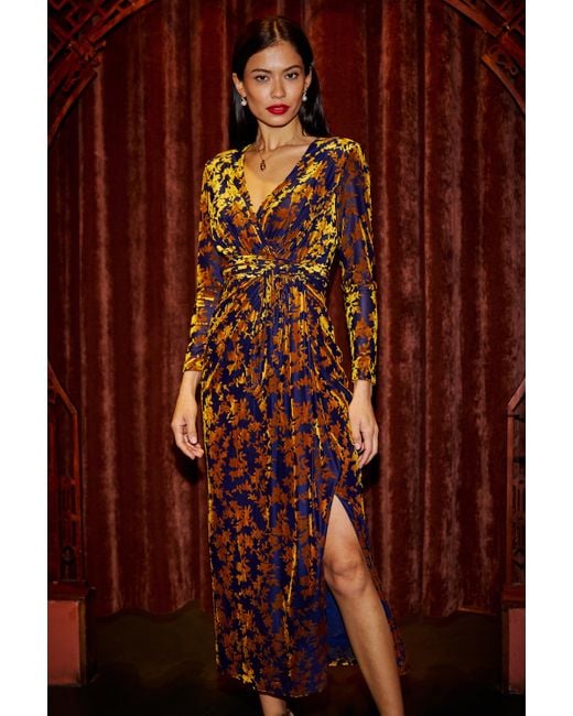 Yumi' Brown Velour Stretch Midi Dress With Long Sleeves