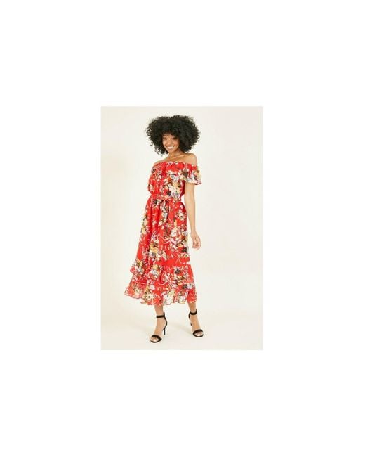 Yumi' Red Oriental Bardot Frill Dress