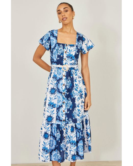 Yumi' Blue Floral Viscose Midi Shirt Dress With Matching Belt