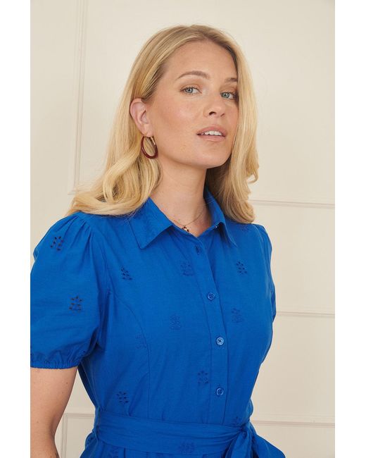Yumi' Blue Cotton Shirt Midi Dress With Cut Out Details