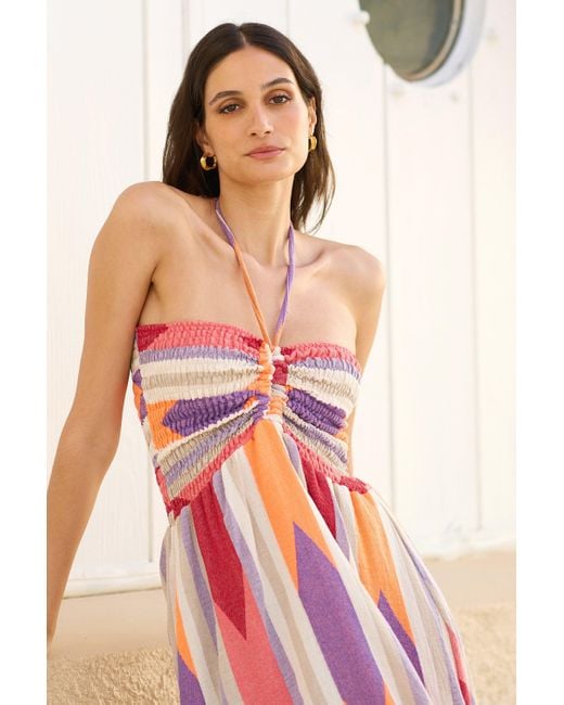 Yumi' Pink Multicolour Block Print Halter Neck Cotton Maxi Dress