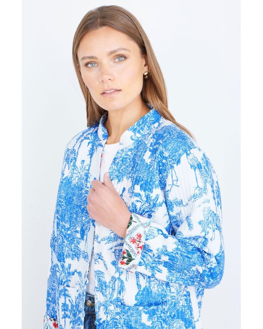 Yumi' Blue Palm Reversible Cotton Quilted Jacket