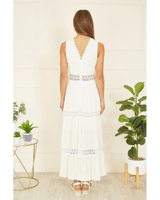 Yumi' Natural Lace Trim Cotton Midi Sun Dress