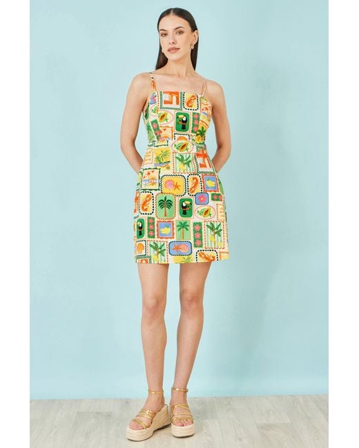 Yumi' Green Multicolour Postcard Print Mini Sun Dress