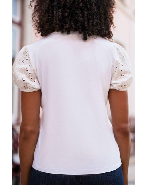 Yumi' White Cotton Jersey T-Shirt With Lace Sleeves