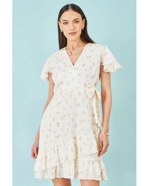Yumi' White Rose Print Wrap Over Frill Dress