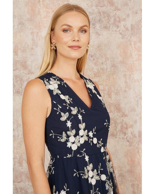Yumi' Blue Mesh Embroidered Maxi Dress