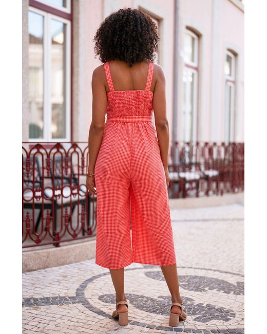 Yumi' Red Gingham Button Through Jumpsuit