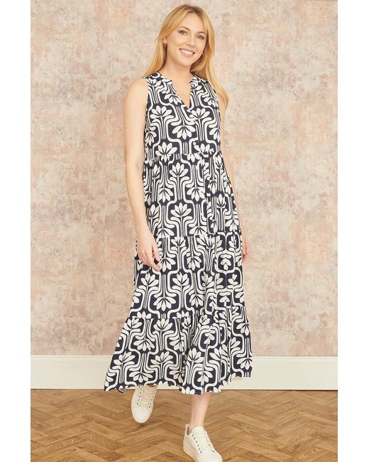 Yumi' Blue Retro Print Relaxed Midi Dress