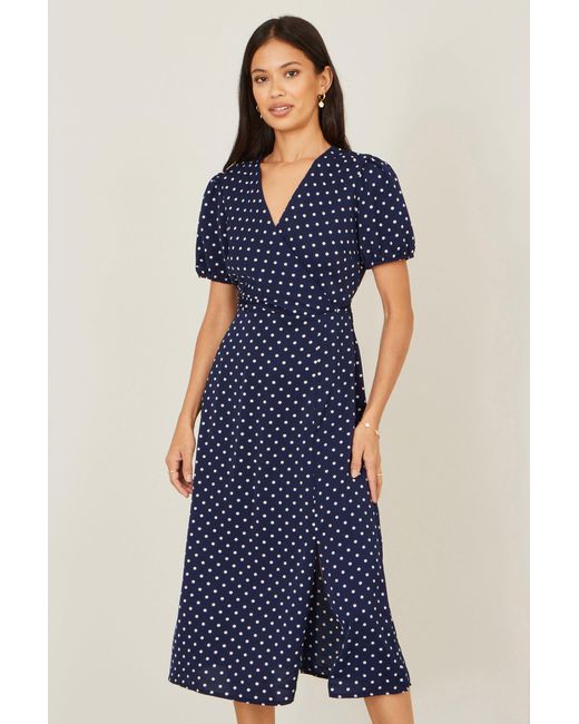 Yumi' Blue Spot Wrap Midi Tea Dress