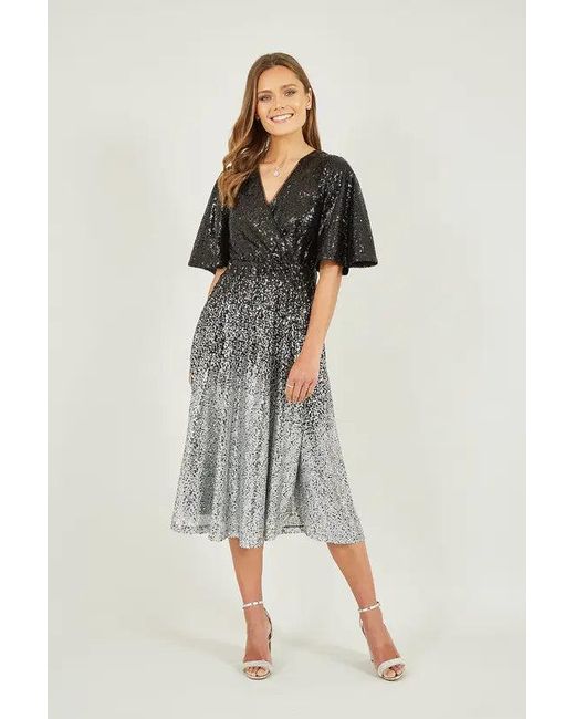 Yumi' Black And Ombre Sequin Midi Wrap Dress