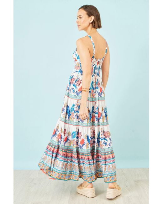 Yumi' White Boho Block Print Tiered Maxi Dress
