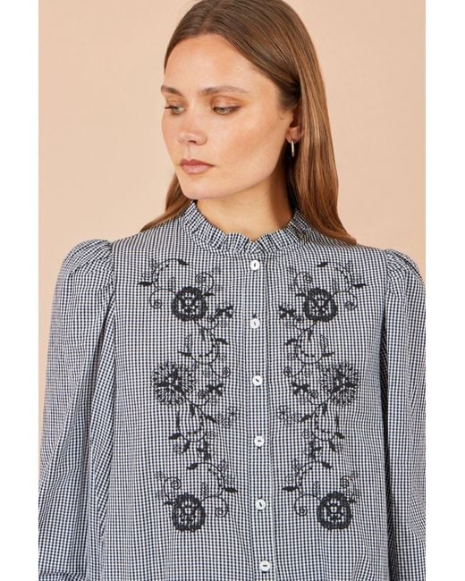 Yumi' Gray Cotton Gingham Embroidered Shirt