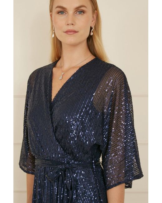 Yumi' Blue Sequin Kimono Midi Wrap Dress