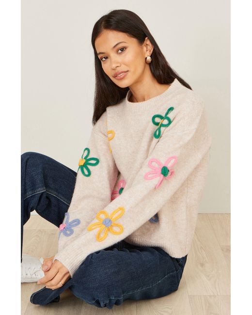 Yumi' Natural Oatmeal Relaxed Flower Embroidered Jumper