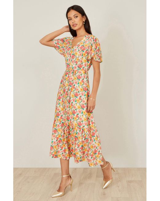 Yumi' Natural Multicolour Midi Tea Dress With Angel Sleeves