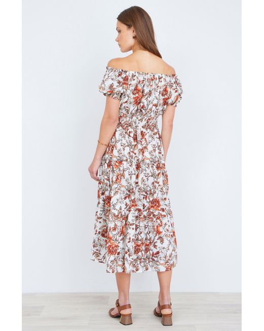 Yumi' White Floral Ruched Waist Midi Dress
