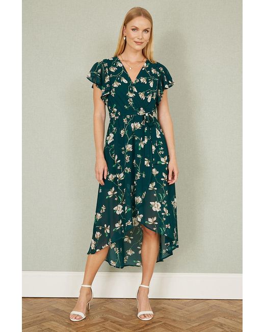 Yumi' Floral Wrap Midi Dress With Frill Hem in Green | Lyst UK
