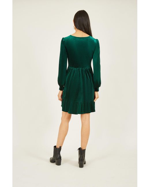 Yumi' Green Velvet Long Sleeve Skater Dress