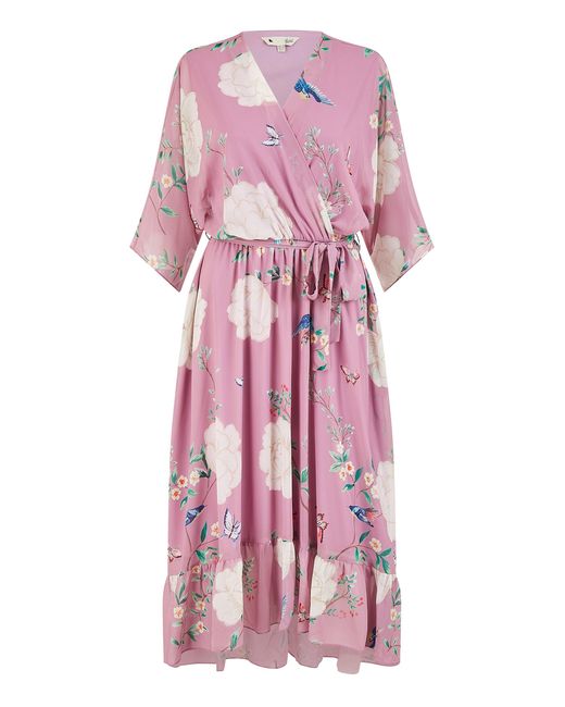Yumi' Pink Bird And Floral Print Midi Wrap Dress
