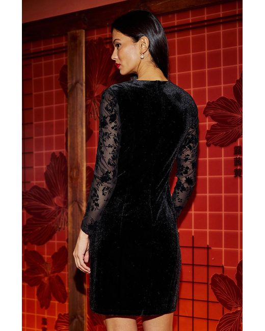 Yumi' Red Fitted Velvet Dress With Sheer Floral Sleeves