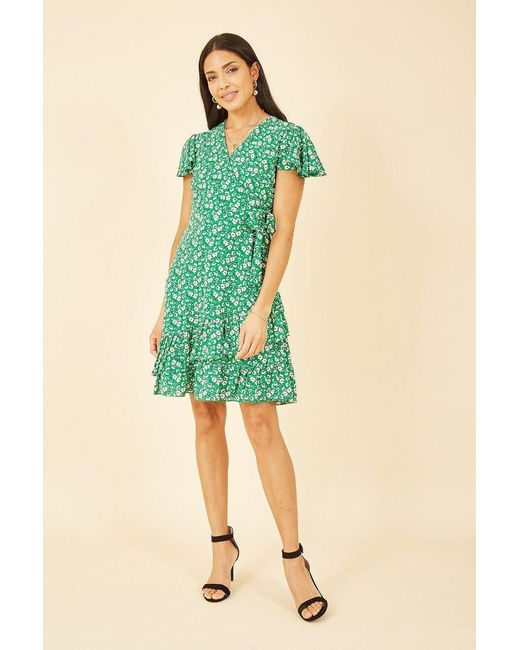 Mela Green Ditsy Floral Wrap Frill Dress