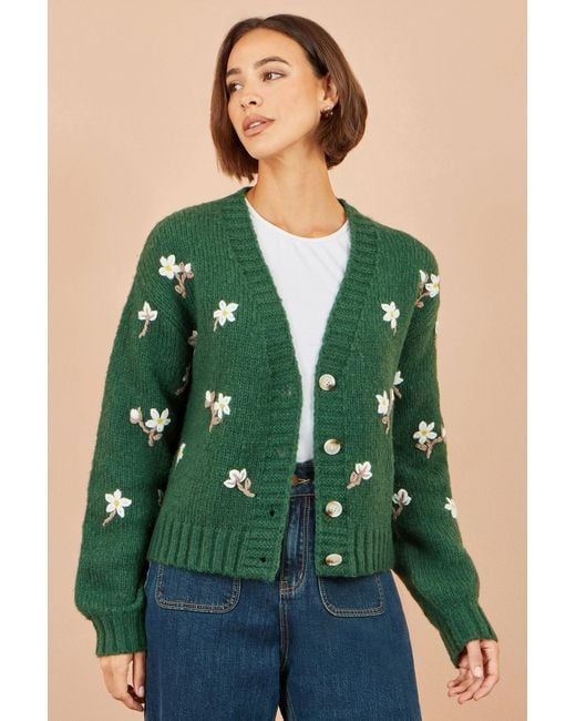 Yumi' Green Hand Embroidered Chunky Knitted Cardigan