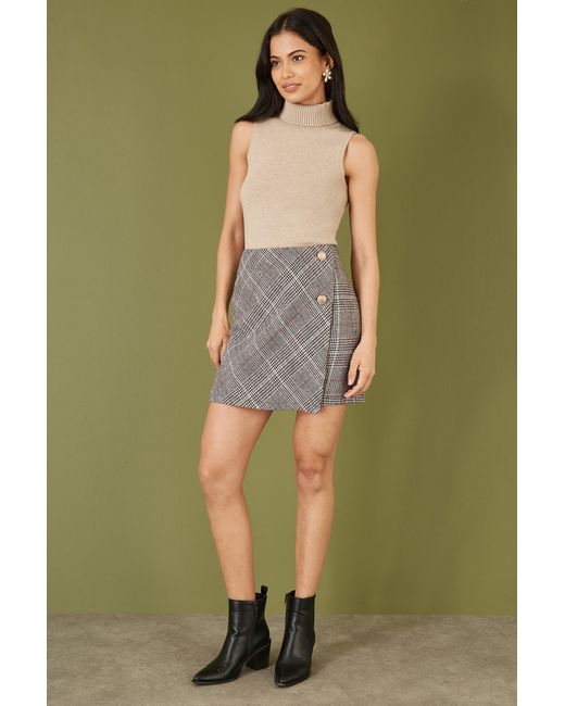 Mela Green Checked Wrap Mini Skirt With Button Detail
