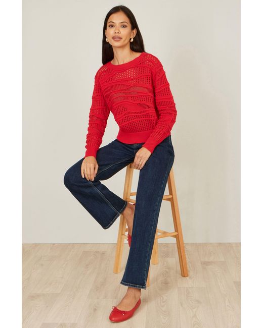 Yumi' Red Wave Pointelle Knitted Jumper