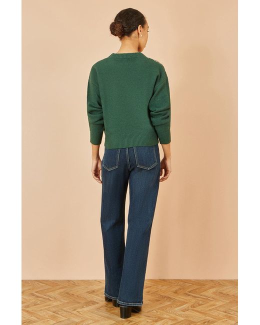 Yumi' Green Relaxed Knitted Jumper With Scattered Sequin Neckline