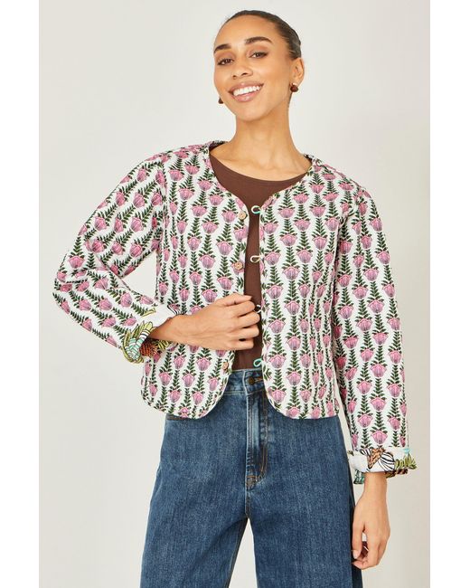 Yumi' Blue Botanical Print Reversible Cotton Quilted Jacket