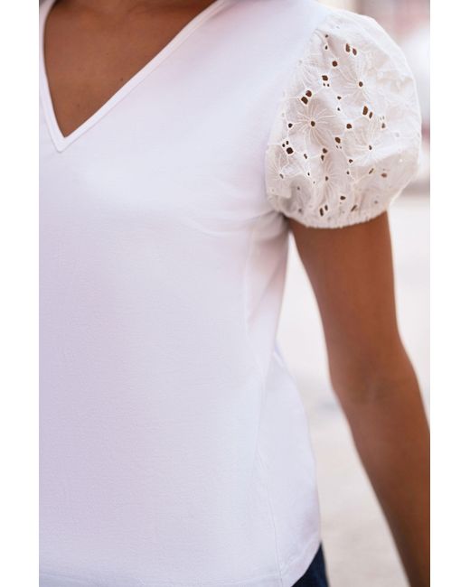 Yumi' White Cotton Jersey T-Shirt With Lace Sleeves