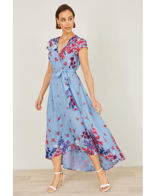 Yumi' Blue Floral Mirror Wrap High Low Midi Wrap Dress