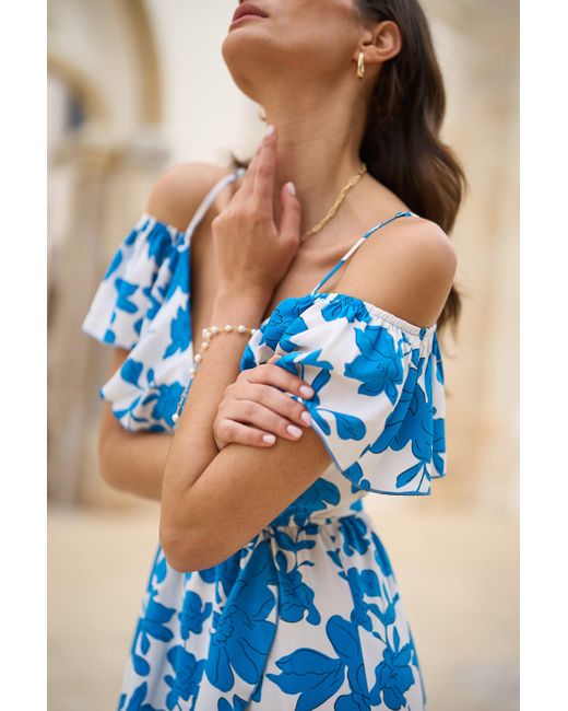 Yumi' Blue Floral Print Bardot Midi Dress With Dip Hem