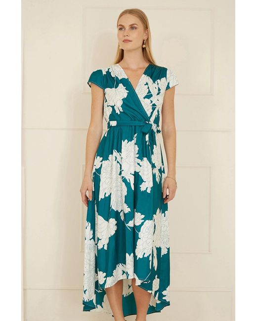 Yumi' Blue Blossom Print Wrap Midi With Dipped Hem