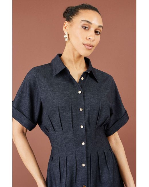Yumi' Blue Stretch Midi Shirt Dress