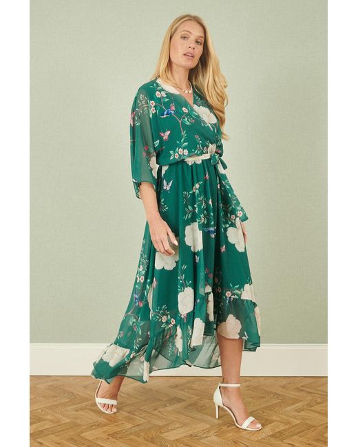 Yumi' Green Bird And Floral Print Midi Wrap Dress
