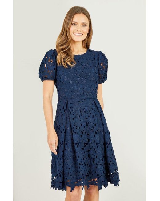 Yumi' Blue Lace Skater Dress With Puff Sleeves