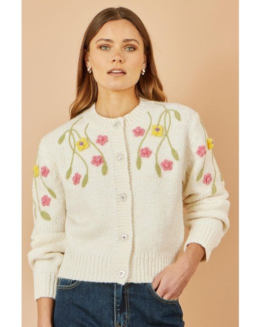Yumi' Natural Flower Embroidered Chunky Knit Cardigan