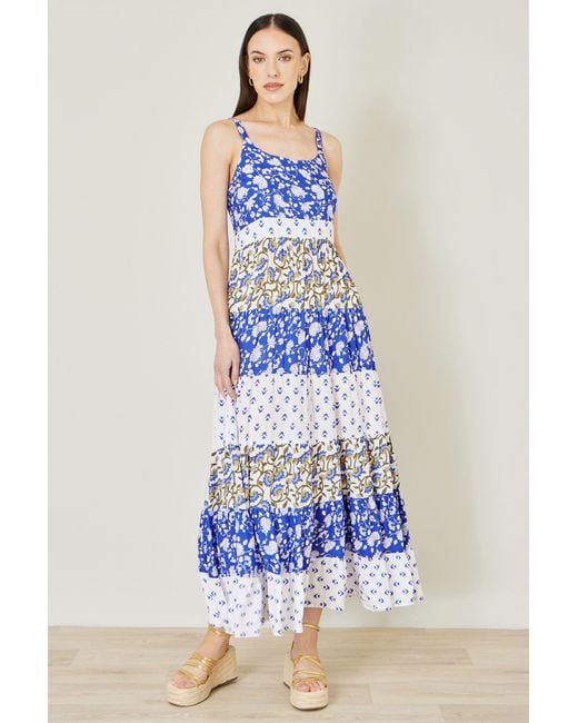 Yumi' White And Rayon Patchwork Print Tiered Maxi Dress