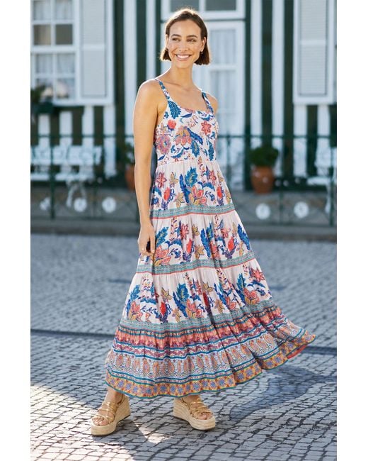 Yumi' White Boho Block Print Tiered Maxi Dress