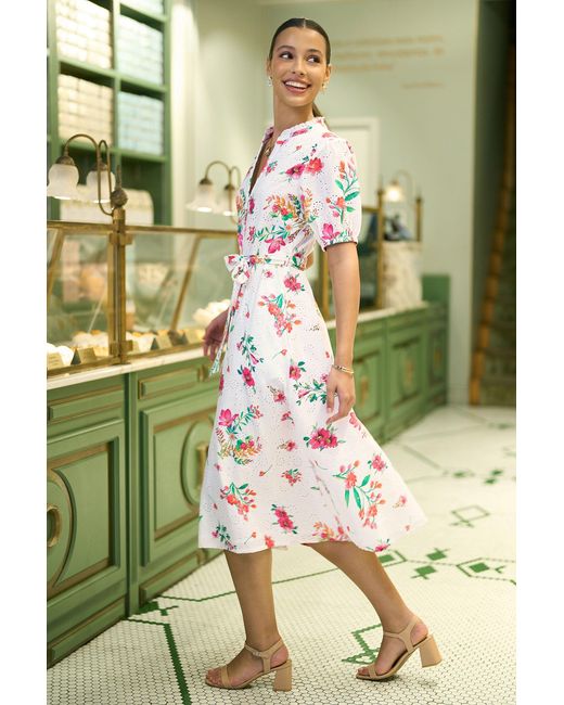 Yumi' Green Floral Print Cotton Broderie Anglaise Midi Shirt Dress