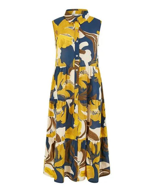 Yumi' Blue Cotton Leaf Midi Sleeveless Shirt Dress