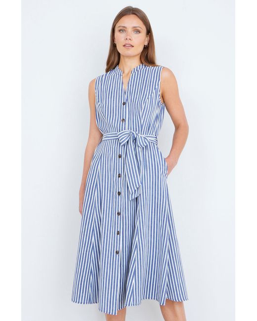 Yumi' Blue Stripe Midi Sleeveless Shirt Dress