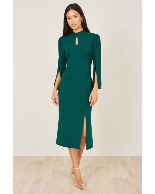 Yumi' Green Fitted Midi Dress With Flute Sleeves