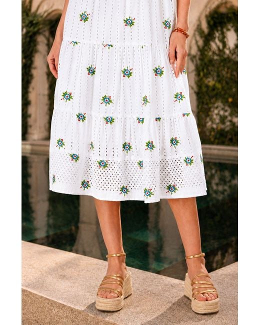 Yumi' Blue Cotton Embroidered Broderie Anglaise Midi Sun Dress